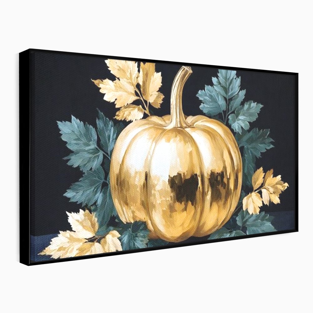 Tablou canvas cu tablou cu dovleac auriu si frunze, in rama de aluminiu negru